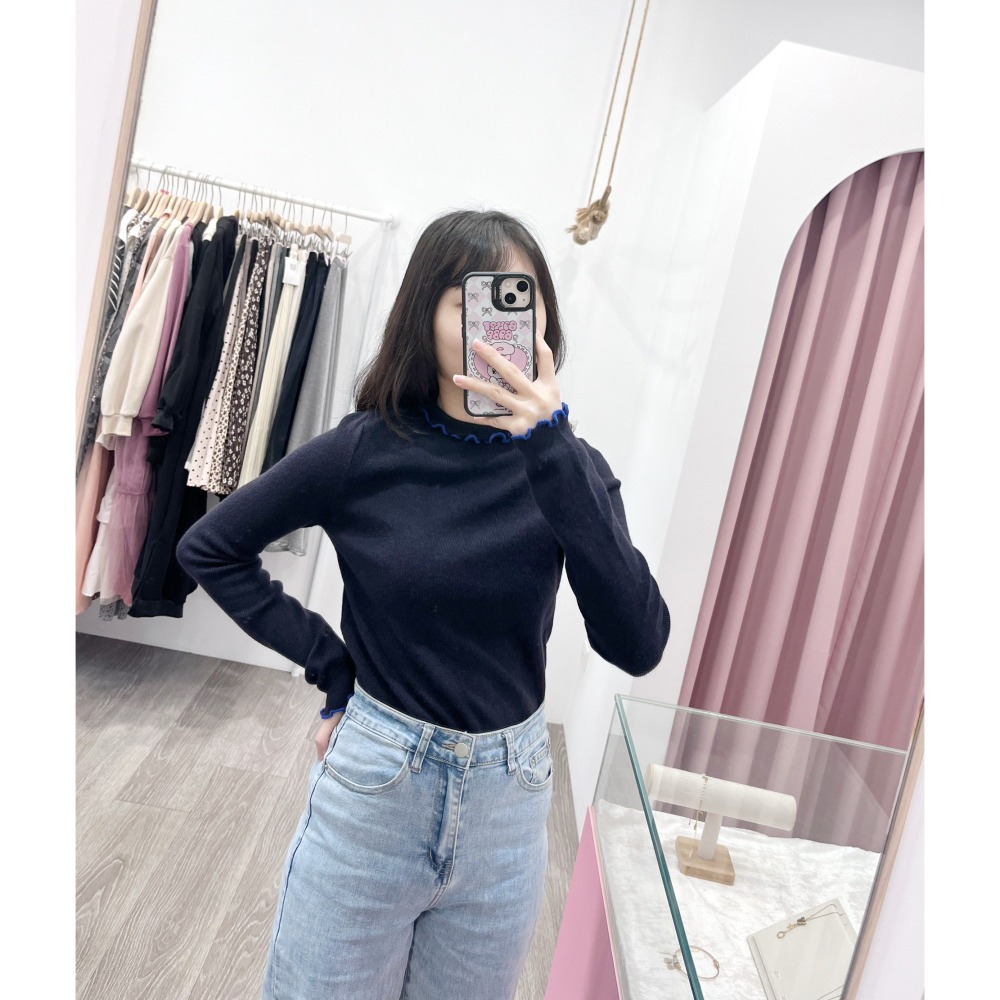 (A410)半高領撞色木耳邊長袖針織上衣-4色-細節圖8