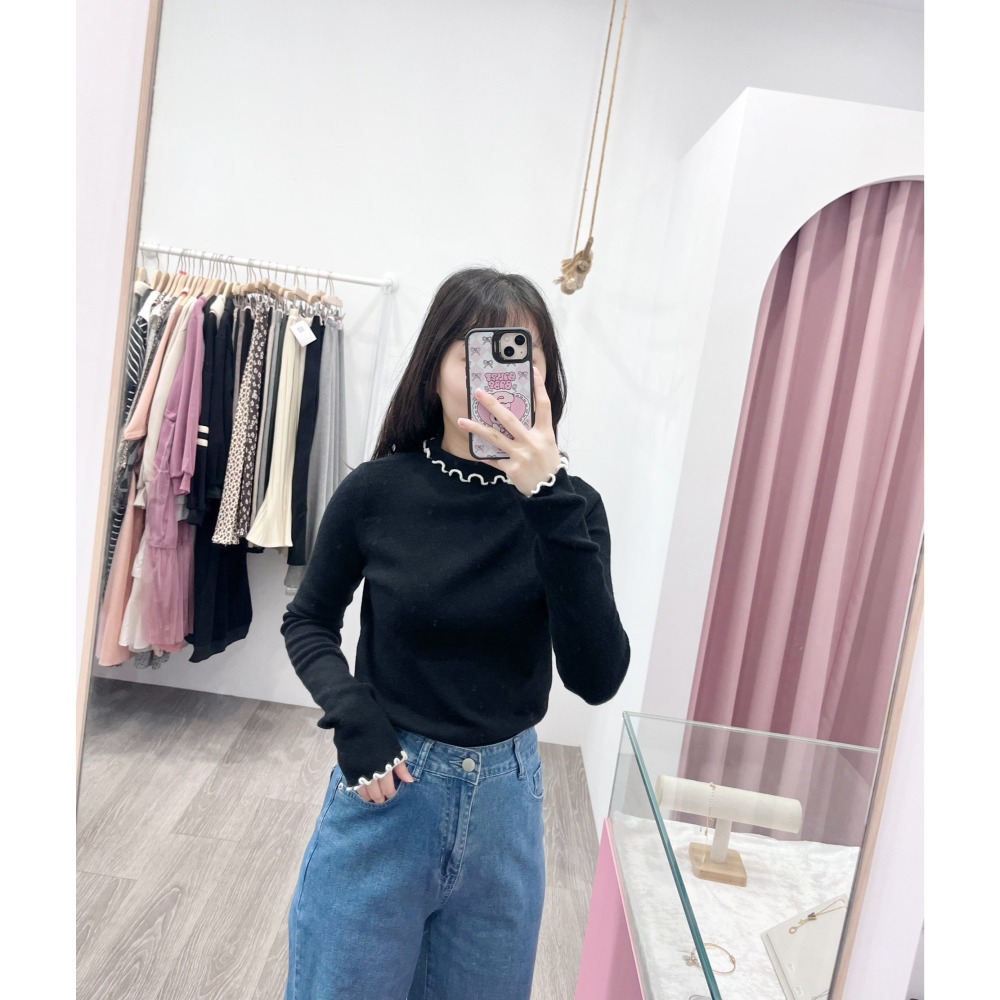 (A410)半高領撞色木耳邊長袖針織上衣-4色-細節圖11