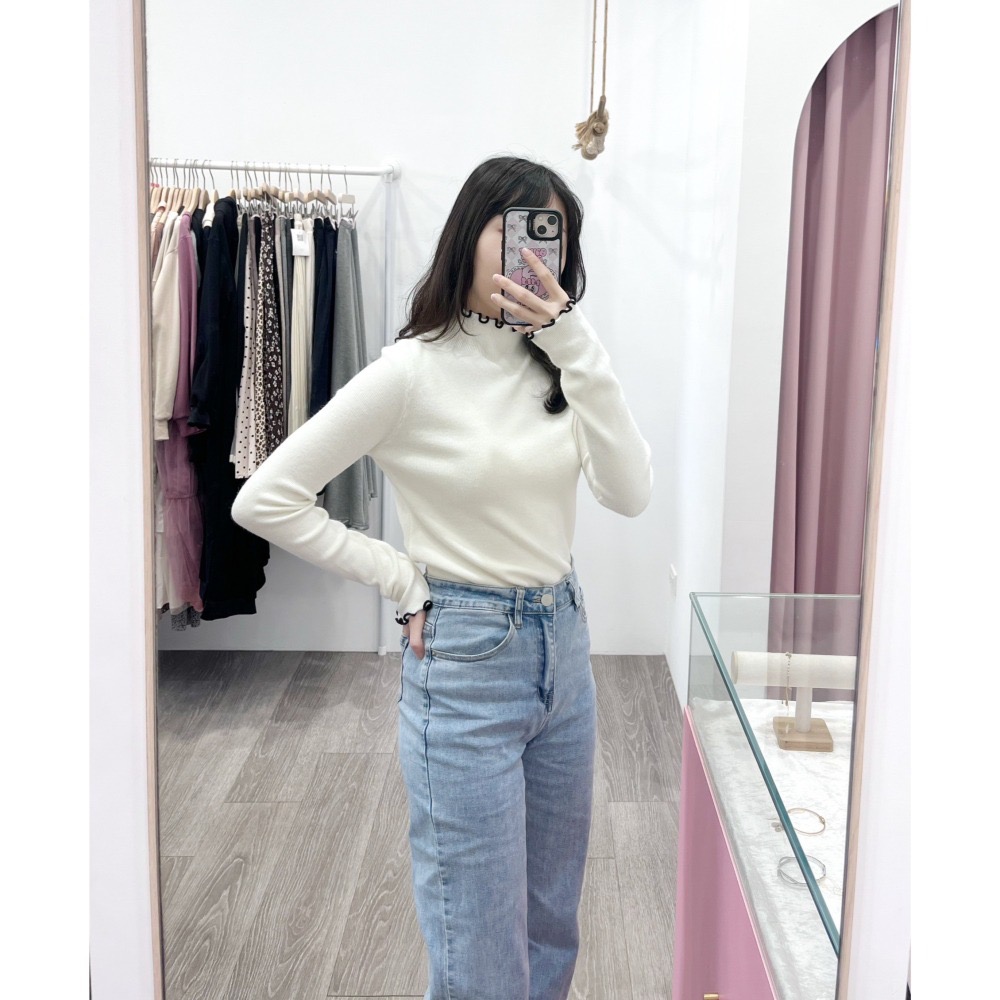 (A410)半高領撞色木耳邊長袖針織上衣-4色-細節圖3