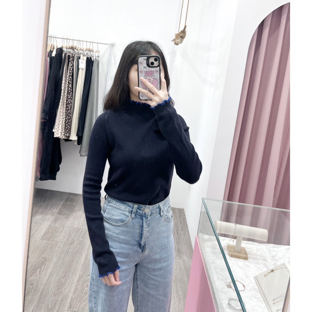 (A410)半高領撞色木耳邊長袖針織上衣-4色-細節圖7