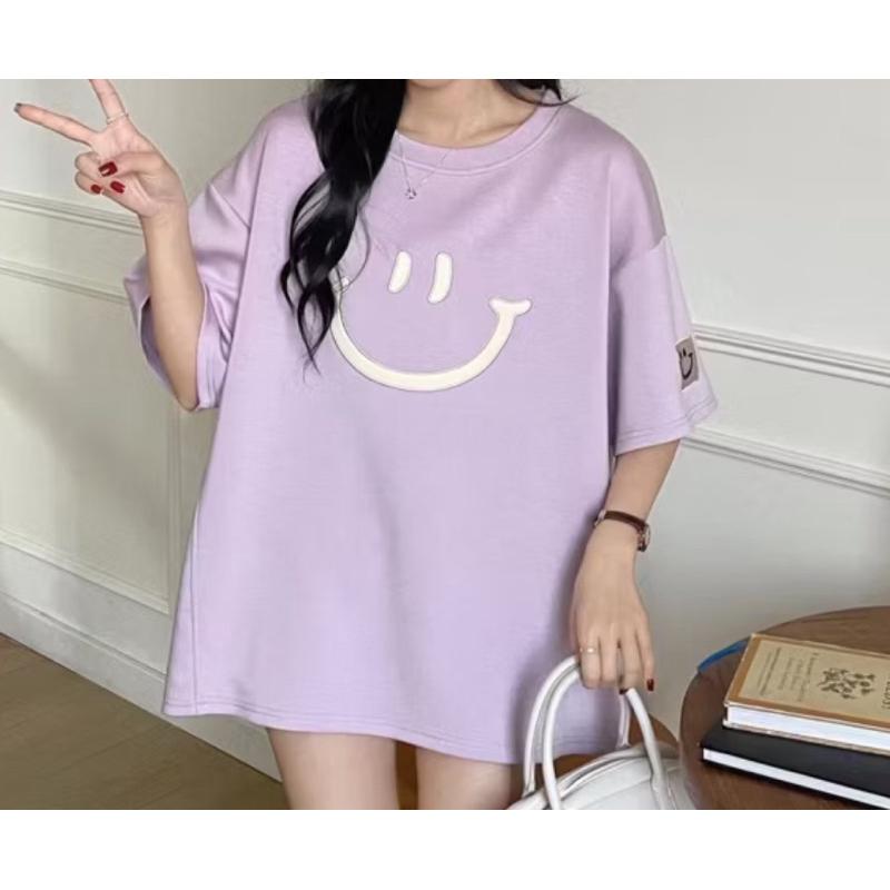 笑臉太空棉刺繡t恤上衣 灰 紫 二手近新-細節圖2