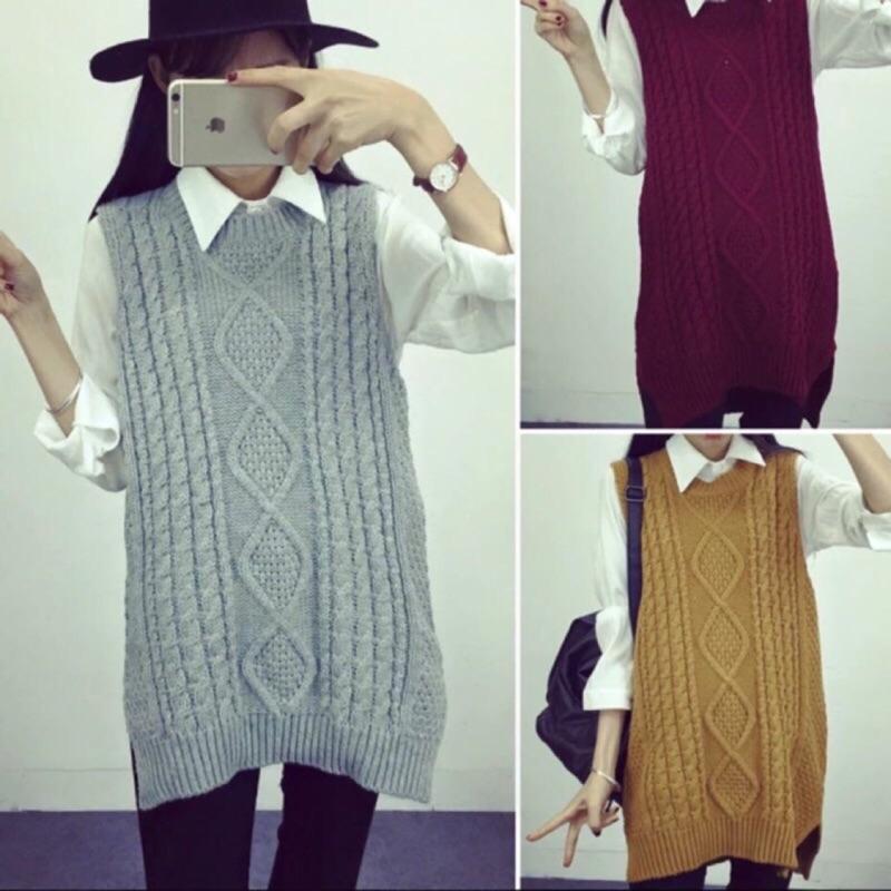 已售出 麻花圓領針織背心長版毛衣 剩綠-細節圖2