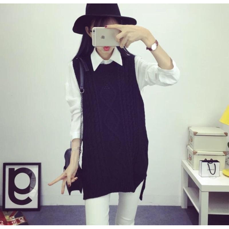 已售出 麻花圓領針織背心長版毛衣 剩綠-細節圖3