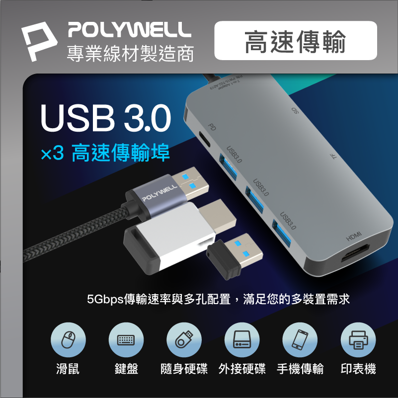 POLYWELL 寶利威爾 USB-C 七合一多功能轉接器 集線器 USB3.0 PD充電 HDMI SD MAC適用-細節圖5