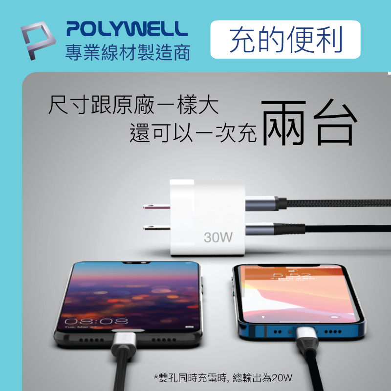 POLYWELL 寶利威爾 PD雙孔快充頭 30W USB Type-C 充電頭 充電器 豆腐頭 bsmi認證 快充-細節圖3