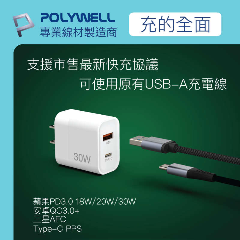 POLYWELL 寶利威爾 PD雙孔快充頭 30W USB Type-C 充電頭 充電器 豆腐頭 bsmi認證 快充-細節圖4