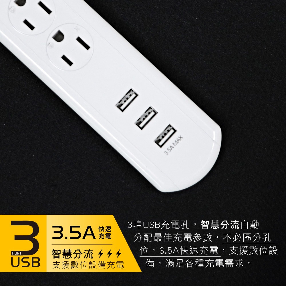 KINYO 1開3插+3孔USB 延長線 CGU-313 6尺 9尺 1.8米 2.7米 過載斷電保護 快充 延長線-細節圖3