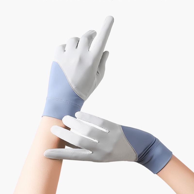 涼感 配色 手套 薄款 防晒 紫外線 防滑 自行車 開車 騎車 觸控 露指 冰絲 親膚 手套 共三色-細節圖3