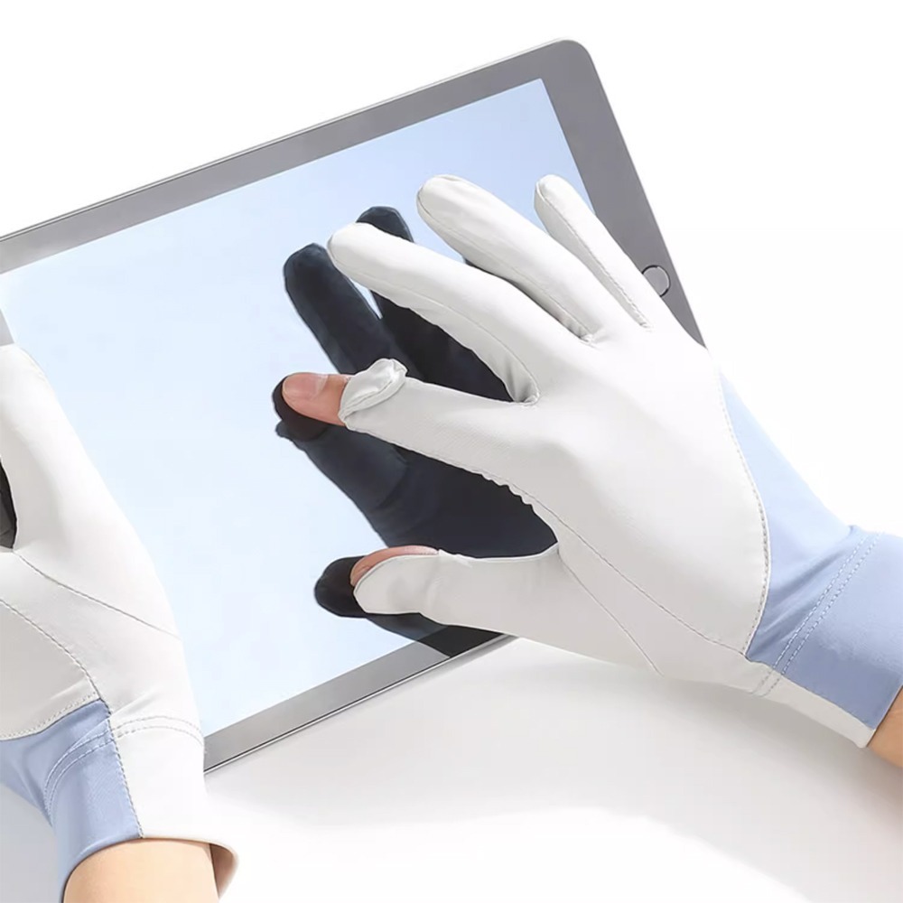 涼感 配色 手套 薄款 防晒 紫外線 防滑 自行車 開車 騎車 觸控 露指 冰絲 親膚 手套 共三色-細節圖4