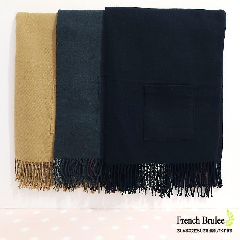 義大利 SOVRANO 羊毛 格紋 口袋 雙面 兩穿 保暖 圍巾 / 披肩  - 駝、深灰、黑色-細節圖2