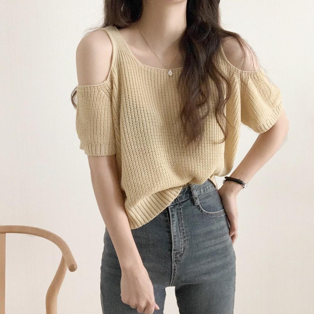 韓國 東大門 chic 簡約 圓領 鏤空 透膚 性感 露肩 寬鬆 短袖 粗 針織衫 短版 上衣 - 共五色-細節圖3
