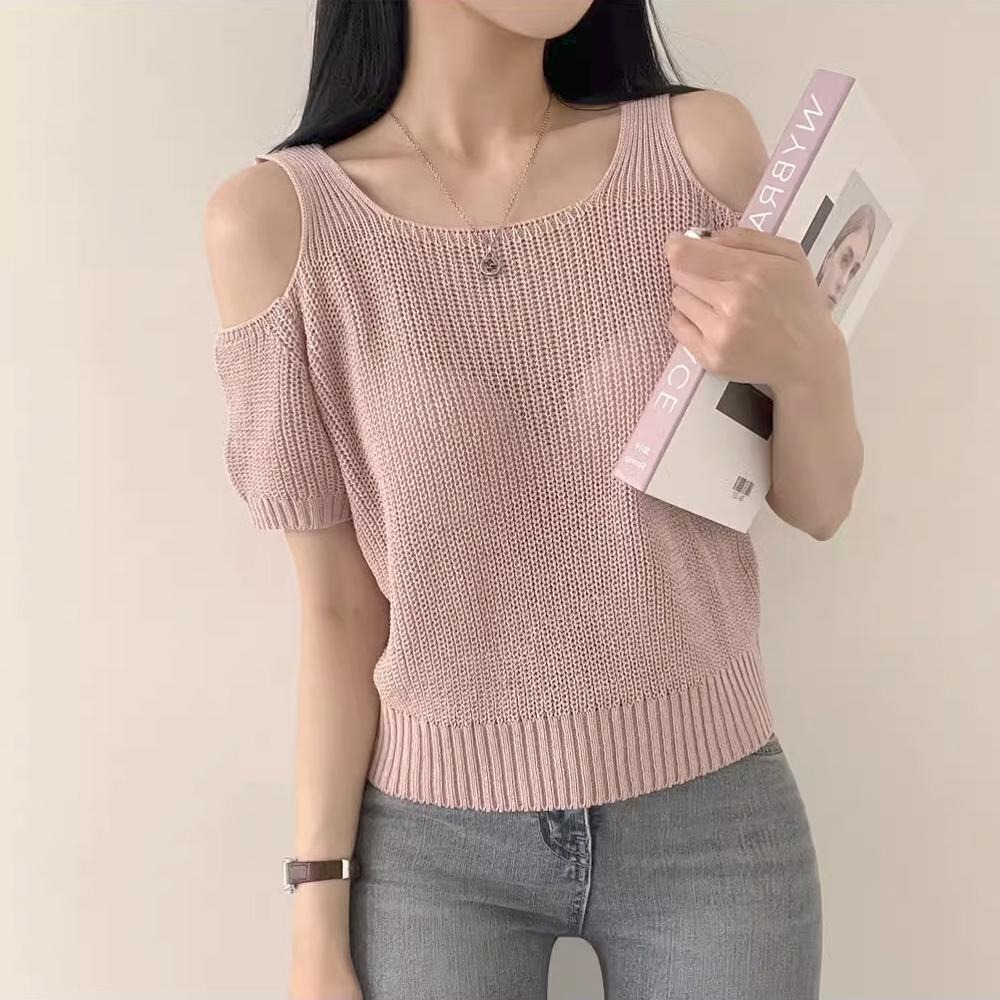 韓國 東大門 chic 簡約 圓領 鏤空 透膚 性感 露肩 寬鬆 短袖 粗 針織衫 短版 上衣 - 共五色-細節圖5