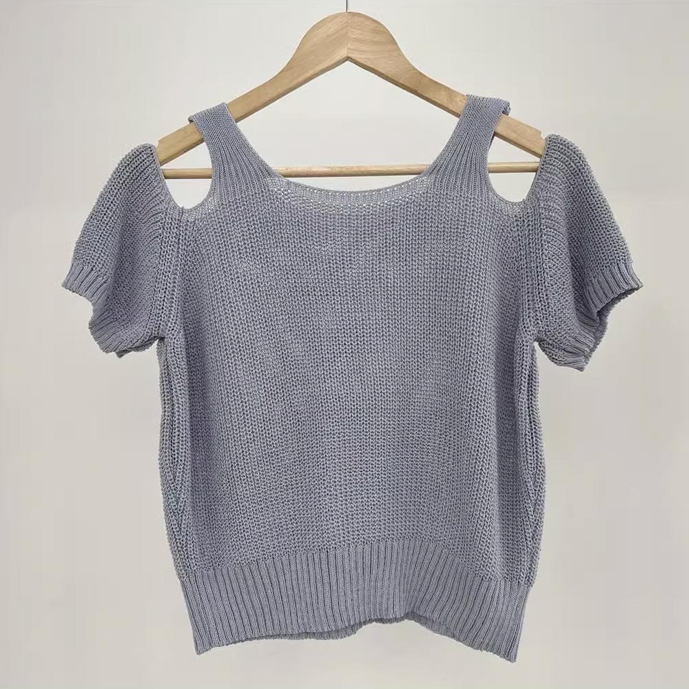 韓國 東大門 chic 簡約 圓領 鏤空 透膚 性感 露肩 寬鬆 短袖 粗 針織衫 短版 上衣 - 共五色-細節圖7