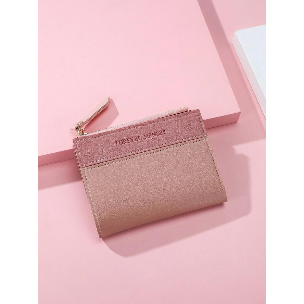 ❤ 韓 簡約 英文 配色 輕巧 拉鍊 零錢包 / 短夾 / 皮夾 - 粉色-細節圖2