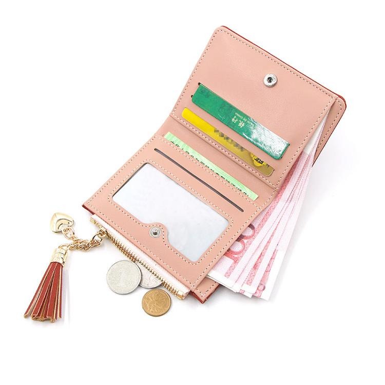 韓款 ins 簡約 耐刮 十字紋 輕薄款 流蘇 零錢包 折疊 配色 短夾 - 粉色、黑色-細節圖3