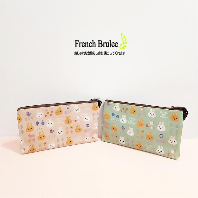 【Dolly club】花漾 小白兔 存摺 收納 雙拉鍊 扁筆袋 / 零錢包 / 收納包 - 綠色、粉橘色-細節圖2