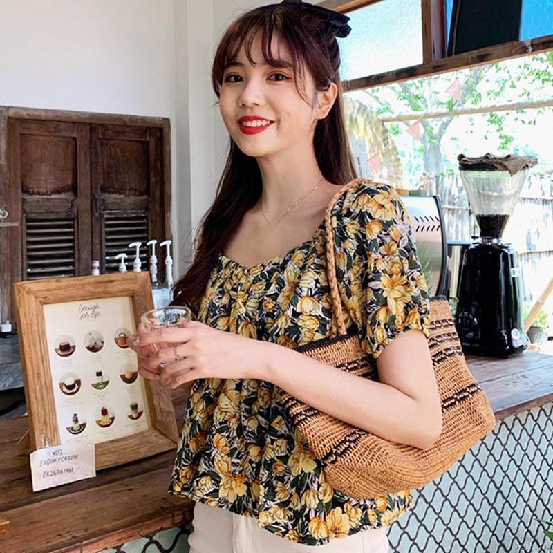 浪漫 花卉 泡泡袖 傘狀 下擺 短版 收腰 娃娃衫 小碎花 短袖 上衣- 黃綠色 ＂快速出貨＂-細節圖2