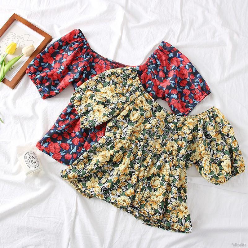 浪漫 花卉 泡泡袖 傘狀 下擺 短版 收腰 娃娃衫 小碎花 短袖 上衣- 黃綠色 ＂快速出貨＂-細節圖3