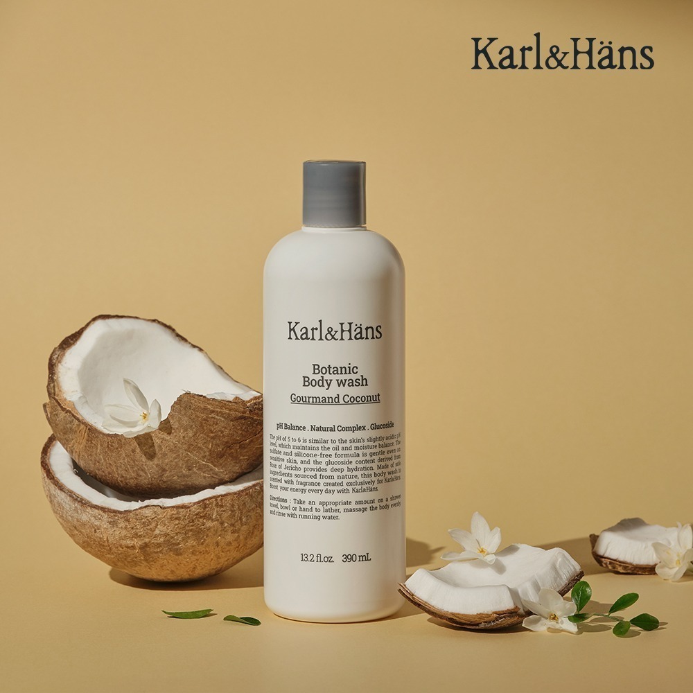 Karl & Hans卡爾漢斯 植萃精油沐浴露 390ml+洗髮露 390ml+護髮素 200ml 可口椰子 套組-細節圖3