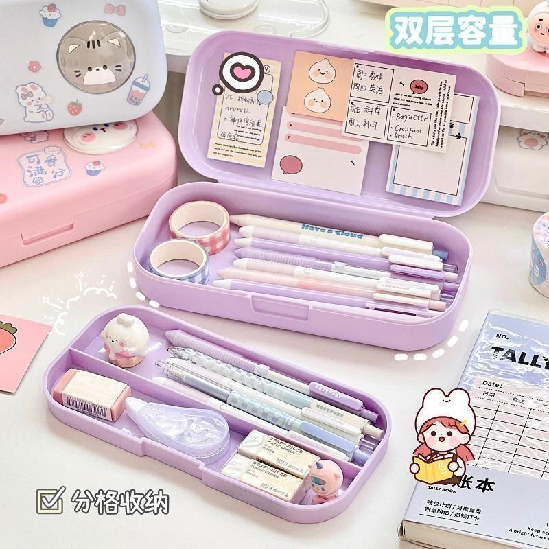 【💖愛選購】莫蘭迪簡約文具盒小學生大容量雙層鉛筆盒卡通高顔值文具收納盒-細節圖2