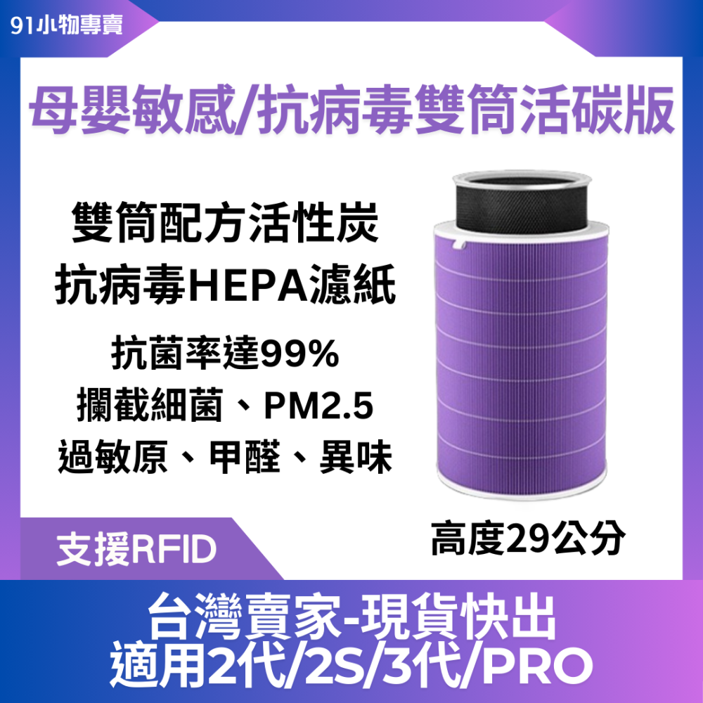 【台灣現貨快出】副廠米家 米空氣清淨機濾芯  小米濾網 含RFID，適用2代/2S/3代/Pro/4LITE 贈濾棉-細節圖2