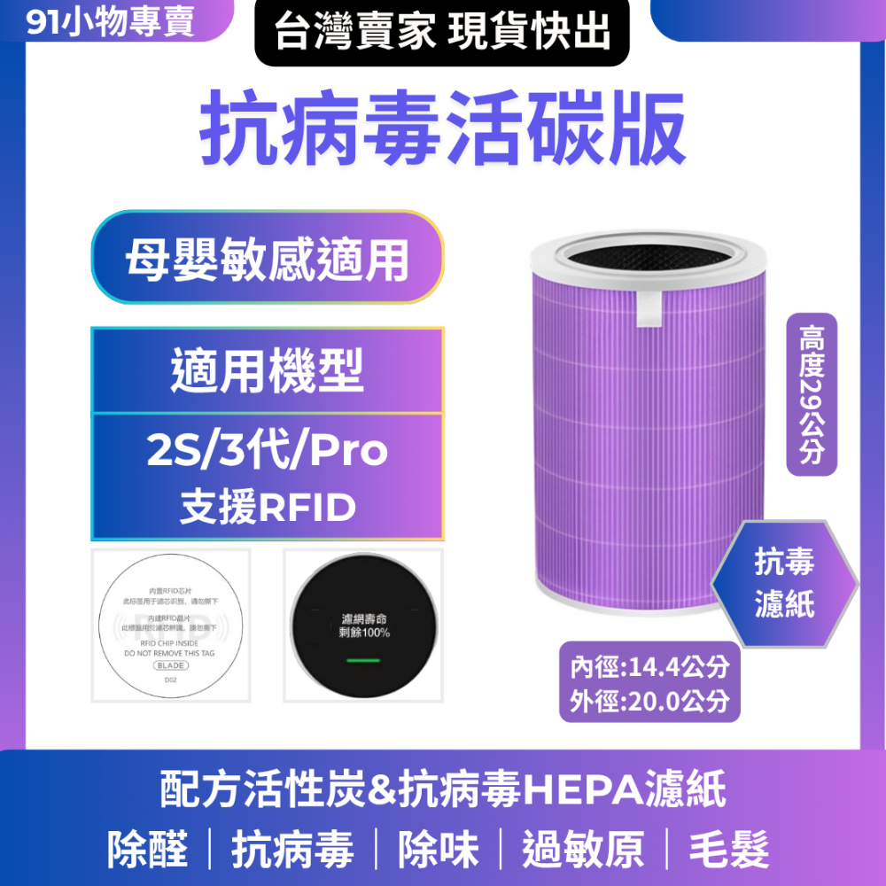 【91小物專賣-免運-台灣現貨快出】副廠米家 米空氣清淨機濾芯  小米濾網 含RFID，適用2代/2S/3代/Pro-規格圖7
