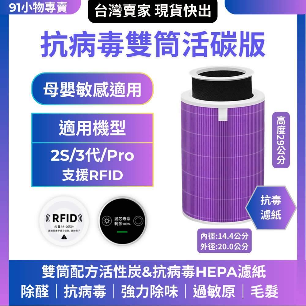 【91小物專賣-免運-台灣現貨快出】副廠米家 米空氣清淨機濾芯  小米濾網 含RFID，適用2代/2S/3代/Pro-規格圖7