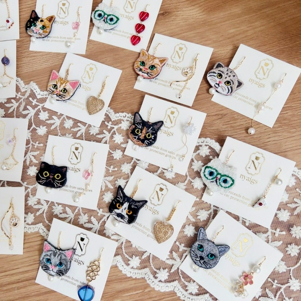 『VITA』【日製飾品｜日本職人手作貓咪刺繡不對稱耳環】-細節圖3