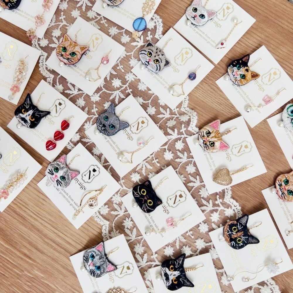 『VITA』【日製飾品｜日本職人手作貓咪刺繡不對稱耳環】-細節圖4