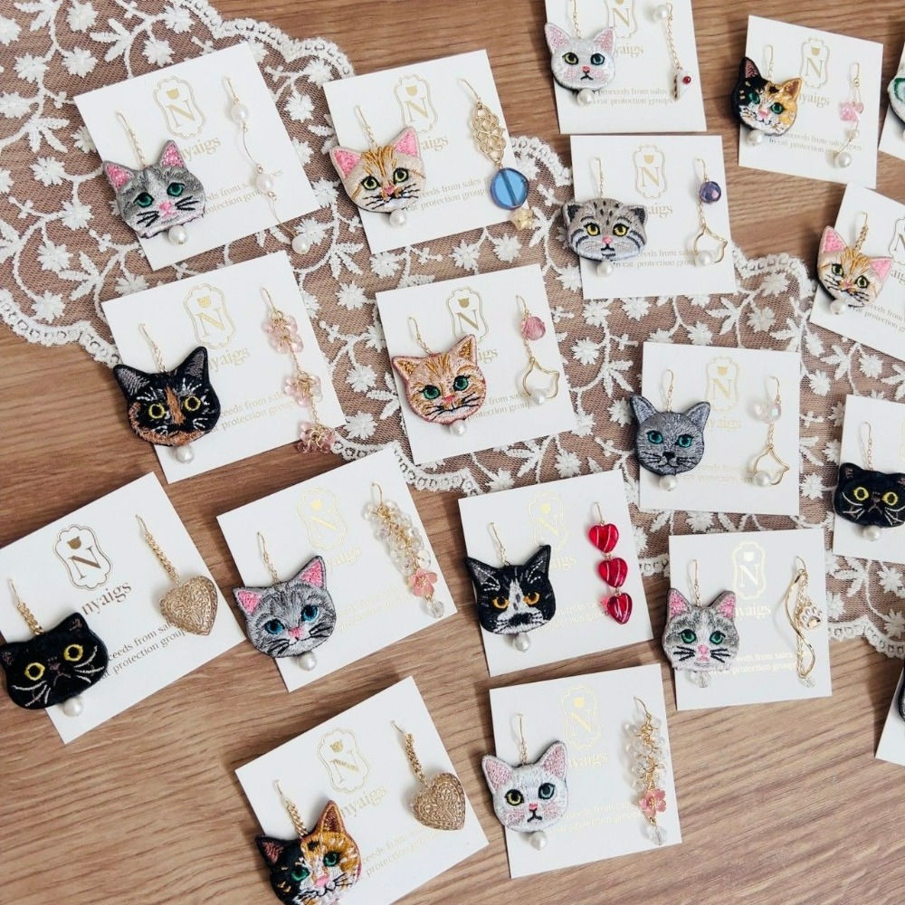 『VITA』【日製飾品｜日本職人手作貓咪刺繡不對稱耳環】-細節圖5