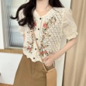 就愛公主風鉤花上衣 鏽線花朵公主泡泡袖花卉刺繡鉤針開衫上衣 可愛常春藤公主袖針織開衫女式複古甜美鉤針短袖-規格圖11