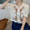 就愛公主風鉤花上衣 鏽線花朵公主泡泡袖花卉刺繡鉤針開衫上衣 可愛常春藤公主袖針織開衫女式複古甜美鉤針短袖-規格圖11