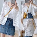 招財豐滿外套蜂窩格小香風氣質針織外套 百搭寬鬆開衫式披肩罩衫七分袖防曬喇叭袖短款比基尼穿搭白色彈性鏤空毛料厚款針織小外套-規格圖11