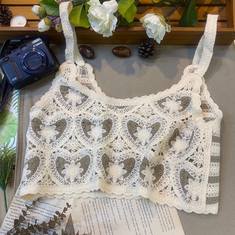 愛心雙色手勾蕾絲花背心 韓系新款春夏INS愛心花背心鉤花緹花簍空渡假海邊 無袖背心 簍空背心 夏季超好配搭棉手鉤緹花織紋-細節圖2