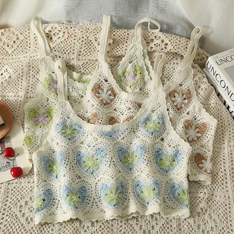 愛心雙色手勾蕾絲花背心 韓系新款春夏INS愛心花背心鉤花緹花簍空渡假海邊 無袖背心 簍空背心 夏季超好配搭棉手鉤緹花織紋-細節圖3