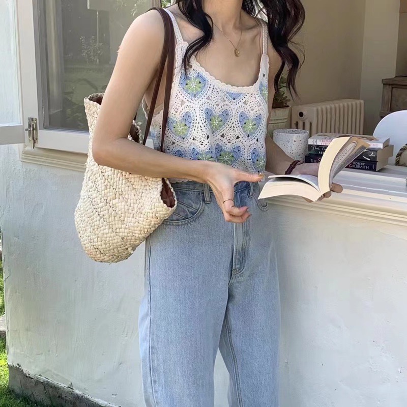 愛心雙色手勾蕾絲花背心 韓系新款春夏INS愛心花背心鉤花緹花簍空渡假海邊 無袖背心 簍空背心 夏季超好配搭棉手鉤緹花織紋-細節圖4