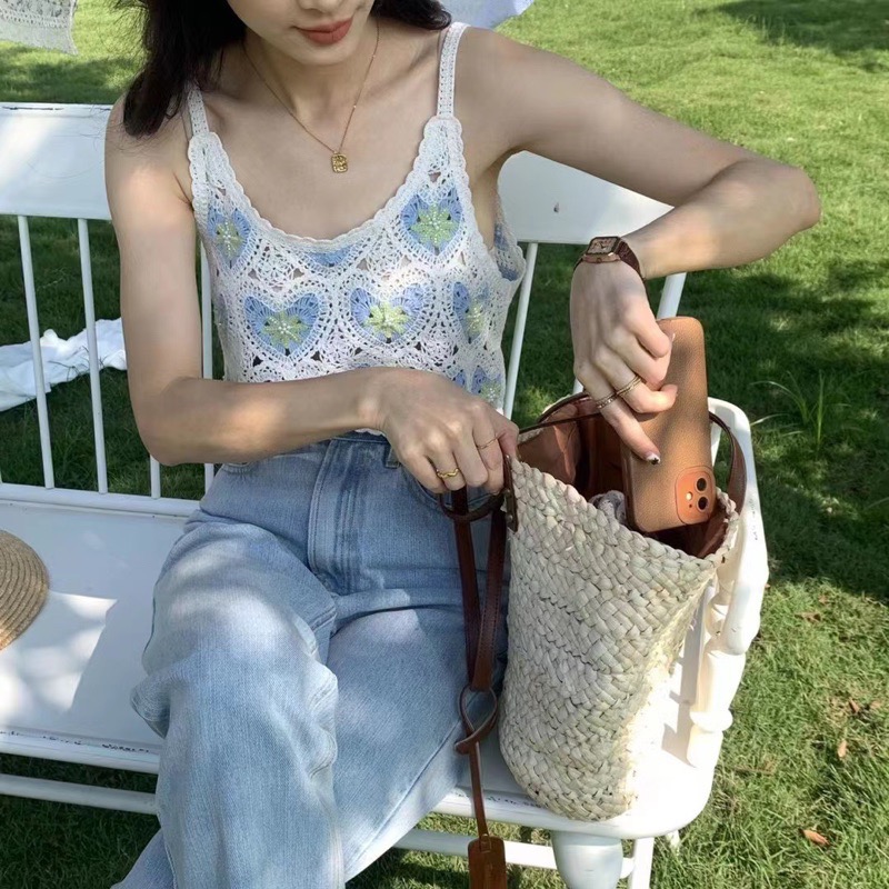 愛心雙色手勾蕾絲花背心 韓系新款春夏INS愛心花背心鉤花緹花簍空渡假海邊 無袖背心 簍空背心 夏季超好配搭棉手鉤緹花織紋-細節圖5