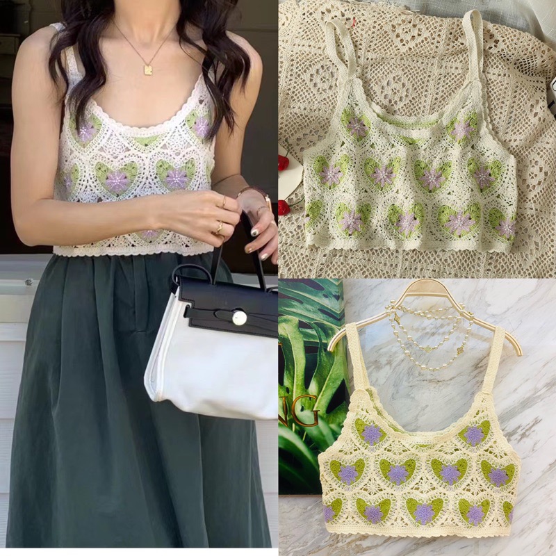 愛心雙色手勾蕾絲花背心 韓系新款春夏INS愛心花背心鉤花緹花簍空渡假海邊 無袖背心 簍空背心 夏季超好配搭棉手鉤緹花織紋-細節圖7