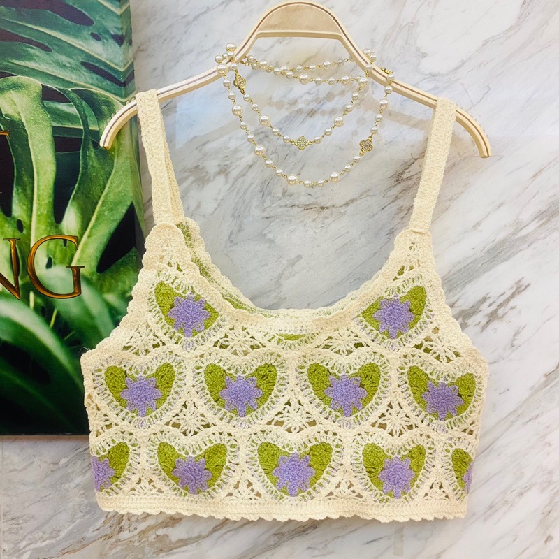 愛心雙色手勾蕾絲花背心 韓系新款春夏INS愛心花背心鉤花緹花簍空渡假海邊 無袖背心 簍空背心 夏季超好配搭棉手鉤緹花織紋-細節圖8