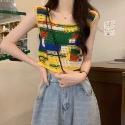 馬賽克彩色條紋背心鏤空民族風上衣短版小個子時尚夏季新款顯瘦鎖骨外穿背心 彩色超文青的日系針織背心 復古簡單利落針織馬甲-規格圖11