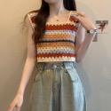 土耳其彩色條紋背心鏤空民族風上衣短版小個子時尚夏季新款顯瘦鎖骨外穿背心 彩色超文青的日系針織背心 復古簡單利落針織馬甲-規格圖11