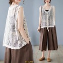 💐加大碼必備💐排排直紋花棉外搭寬鬆娃娃長背心 鉤花鏤空針織馬甲背心 棒球式娃娃寬肩背波西米亞鏤空馬甲 寬鬆沙灘無袖外搭背-規格圖11