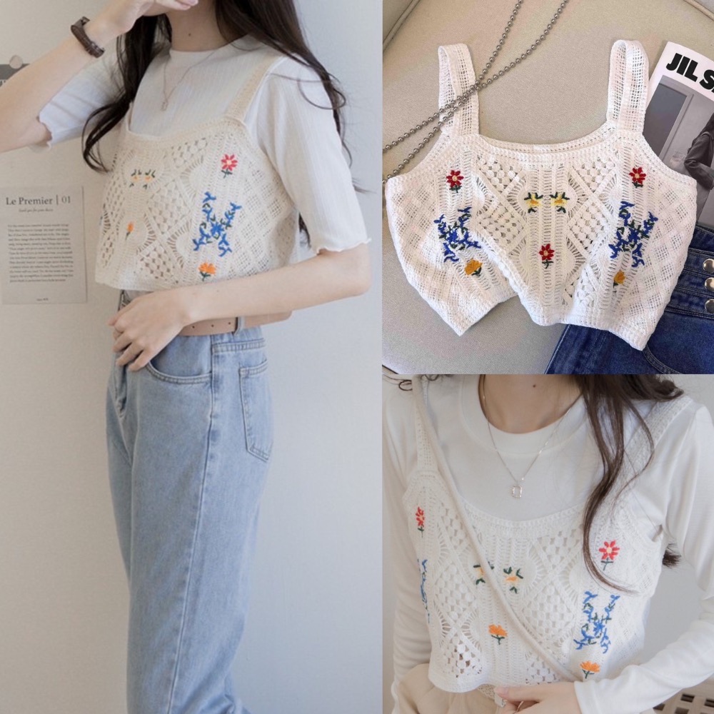 💐韓版復古小花朵度假風針織鉤花鏤空吊帶背心💐 復古簡單利落針織馬甲 無袖外穿設計風格馬夾 原創設計感針織最愛質感穿搭-細節圖2