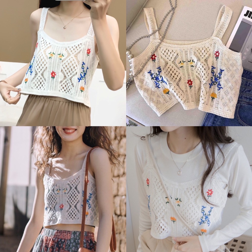 💐韓版復古小花朵度假風針織鉤花鏤空吊帶背心💐 復古簡單利落針織馬甲 無袖外穿設計風格馬夾 原創設計感針織最愛質感穿搭-細節圖3