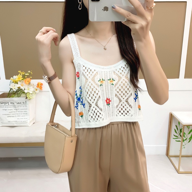 💐韓版復古小花朵度假風針織鉤花鏤空吊帶背心💐 復古簡單利落針織馬甲 無袖外穿設計風格馬夾 原創設計感針織最愛質感穿搭-細節圖11