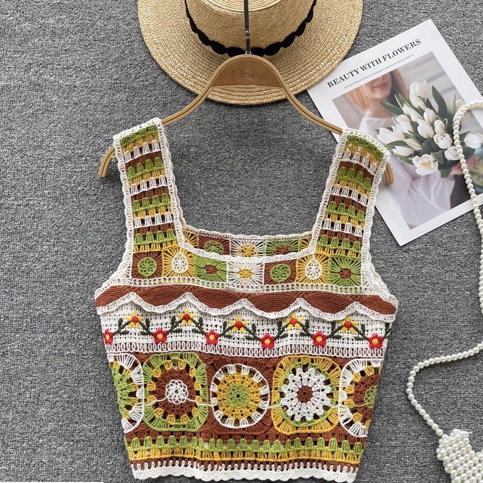 💐波希米亞民族風針織鉤花刺繡鏤空小背心💐 很漂亮的圖騰花編織圖案 很適合渡假穿搭 豐富熱情的顏色搭配穿著整個心情都變好了-細節圖5