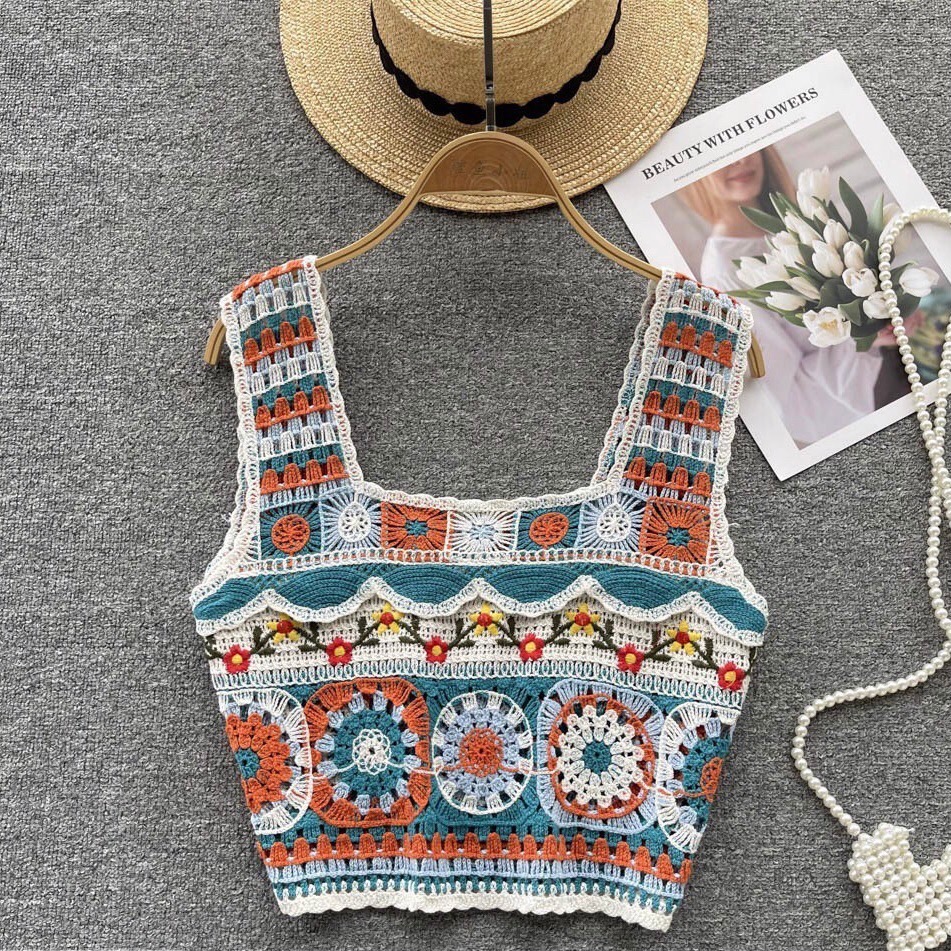 💐波希米亞民族風針織鉤花刺繡鏤空小背心💐 很漂亮的圖騰花編織圖案 很適合渡假穿搭 豐富熱情的顏色搭配穿著整個心情都變好了-細節圖11