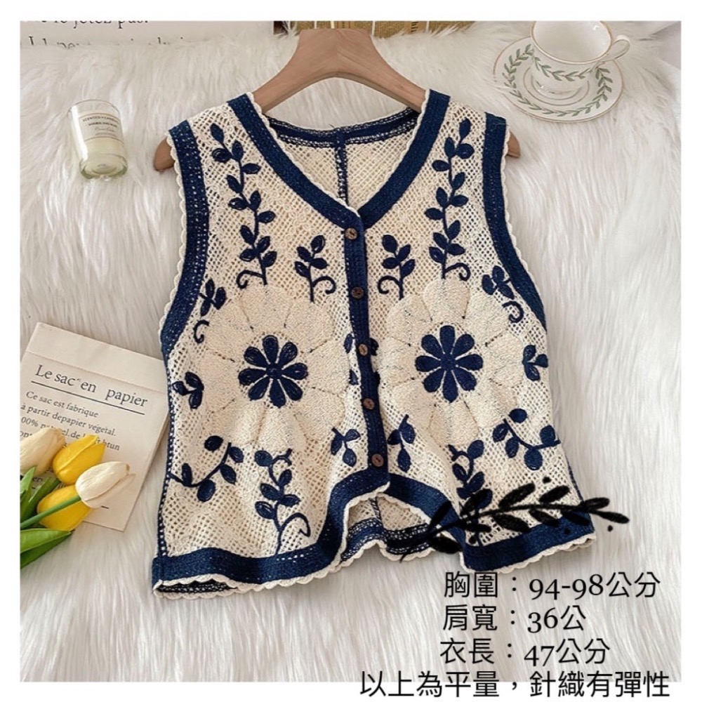 日系單品/花花棉線鉤針背心 Ivy 韓式女式鉤針針織短款上衣背心復古花卉刺繡無袖針織馬甲純棉百搭小外套背心刺繡鈎花短版背-細節圖6