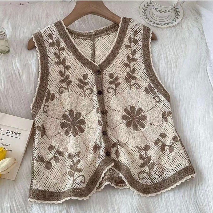 日系單品/花花棉線鉤針背心 Ivy 韓式女式鉤針針織短款上衣背心復古花卉刺繡無袖針織馬甲純棉百搭小外套背心刺繡鈎花短版背-細節圖10
