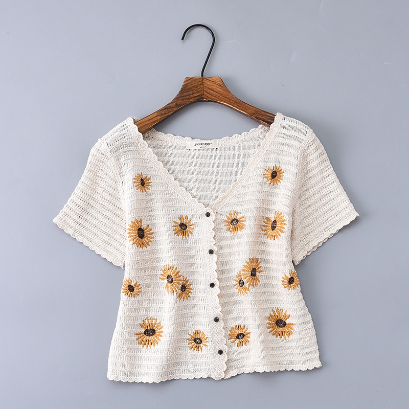 🌼🌻氣質V領小雛菊刺繡短袖針織短款上衣 小黃花朵顯瘦百搭復古立體鉤花針織外套 復古鏤空繡花透視薄款針織小外套 短袖寬鬆外-細節圖8